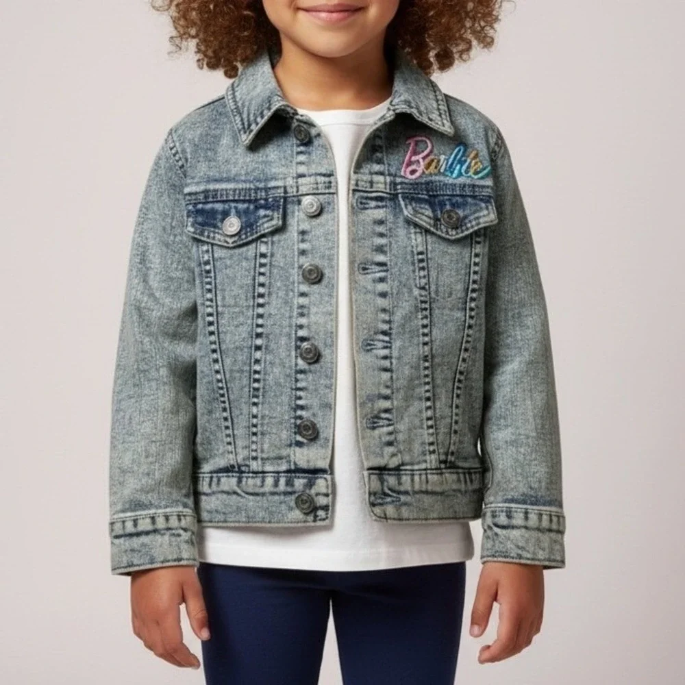 Barbie Girls Denim Jacket XS 4 5 Acid Wash Rainbow Embroidered Jean Coat Kids‎